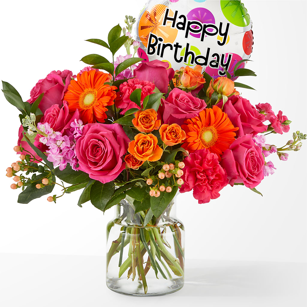 Fiesta Bouquet with Birthday Balloon – Naugatuck Florist, Naugatuck CT