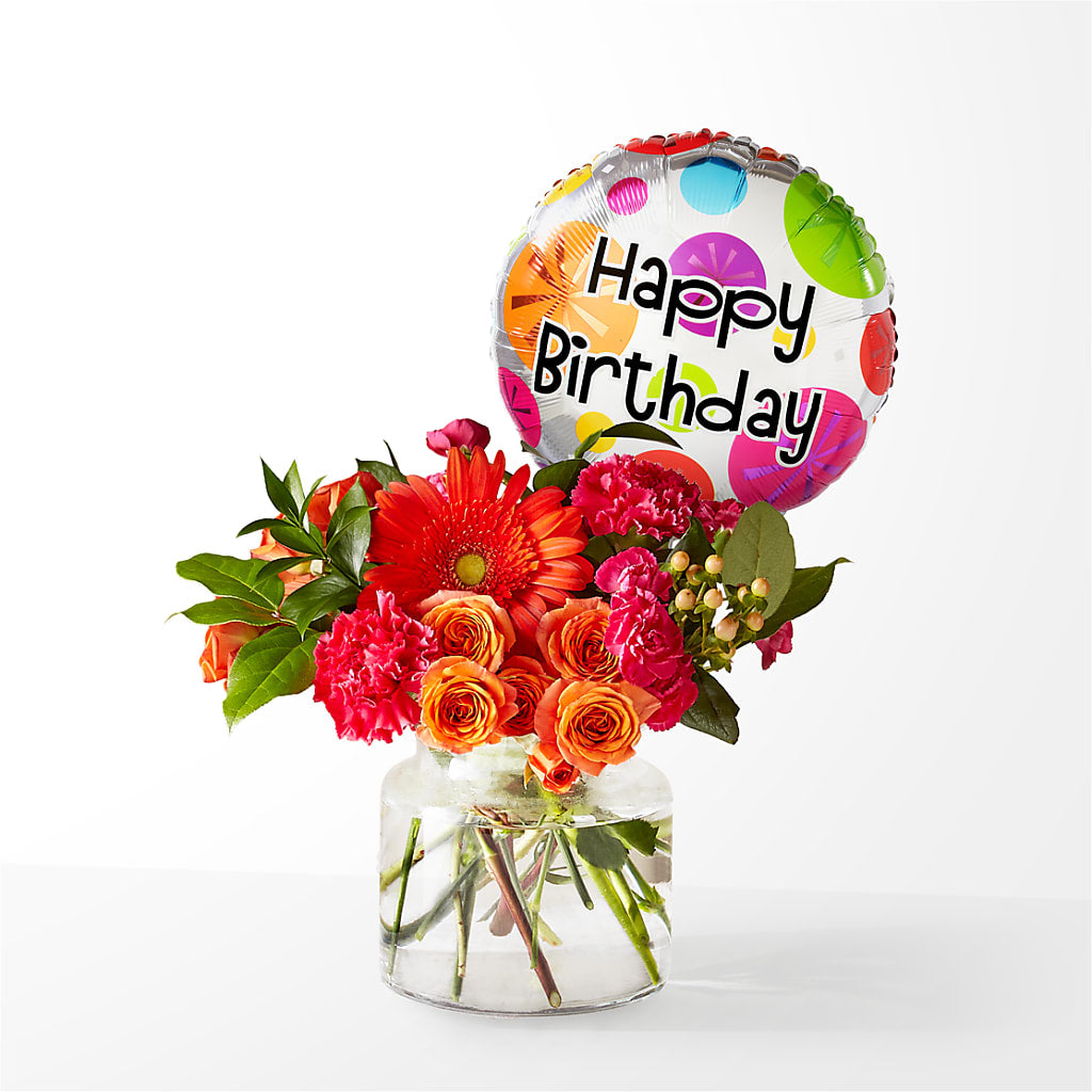 Fiesta Bouquet with Birthday Balloon – Naugatuck Florist, Naugatuck CT