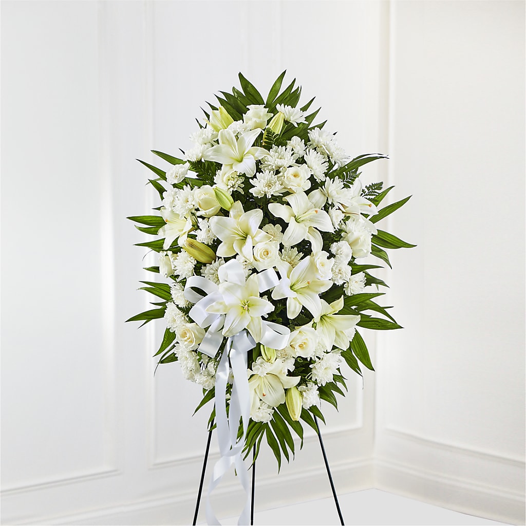 Exquisite Tribute Standing Spray-White Ribbon – Naugatuck Florist, Naugatuck CT